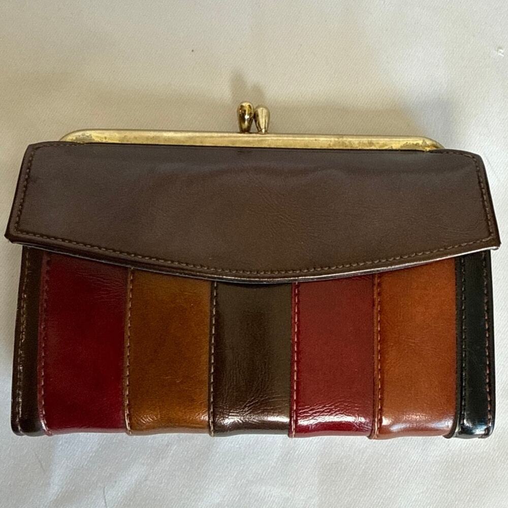 Vintage Baronet Striped Leather Wallet Kiss Lock Clutch Patchwork MCM 60s 70s